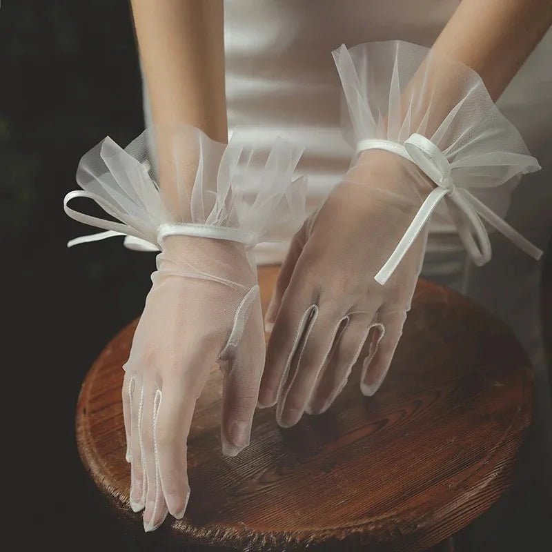 Vintage Mesh and Lace Bridal Gloves with Pearls - Luzilly Bridal & Apparel