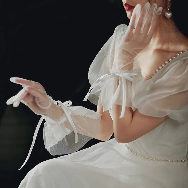 Vintage Mesh and Lace Bridal Gloves with Pearls - Luzilly Bridal & Apparel
