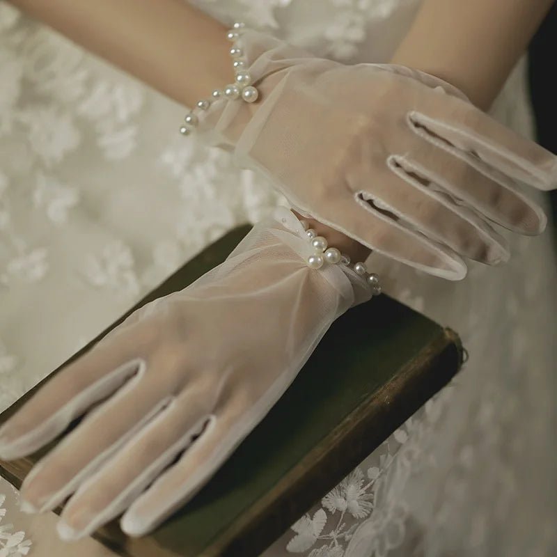 Vintage Mesh and Lace Bridal Gloves with Pearls - Luzilly Bridal & Apparel