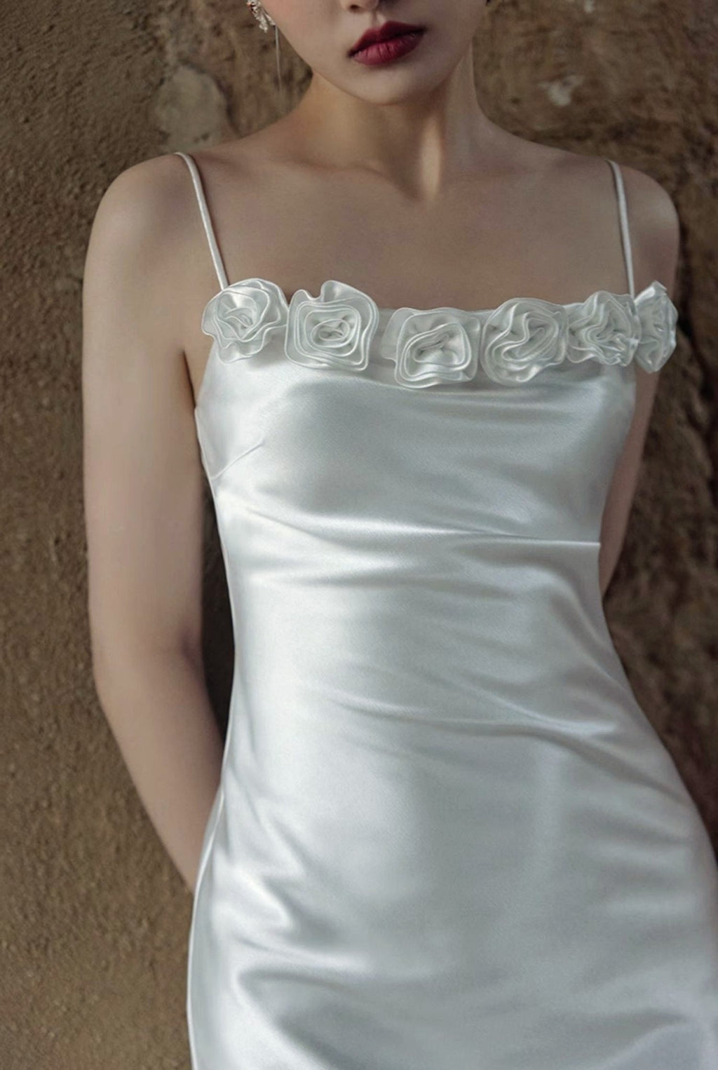 Vintage Rose-Trimmed Satin Slip Wedding Dress with Spaghetti Straps - Luzilly Bridal & Apparel