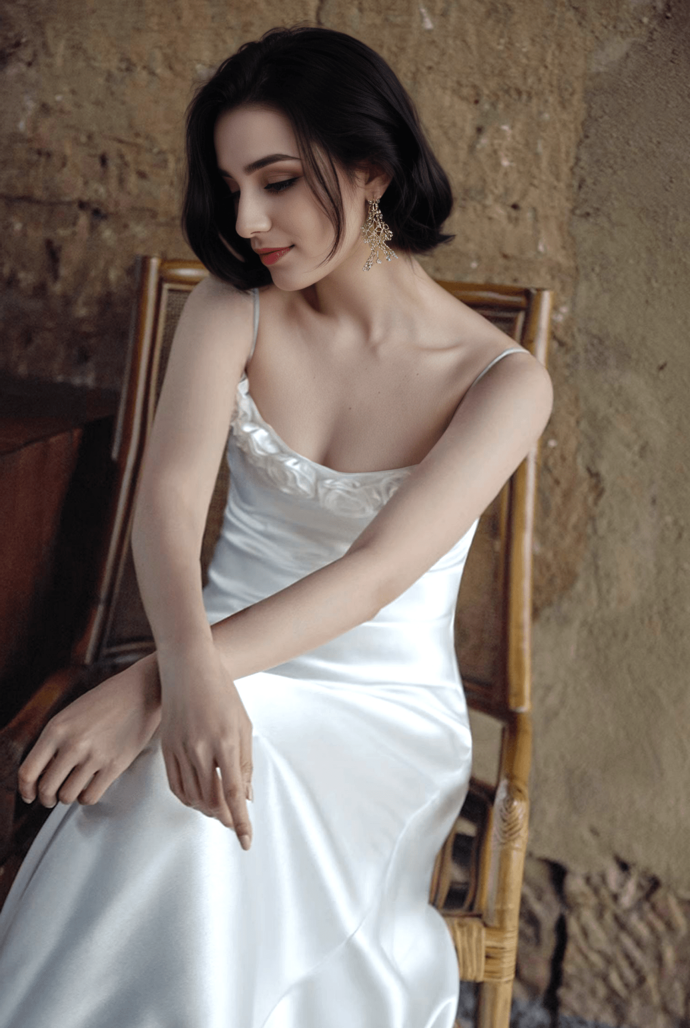 Vintage Rose-Trimmed Satin Slip Wedding Dress with Spaghetti Straps - Luzilly Bridal & Apparel