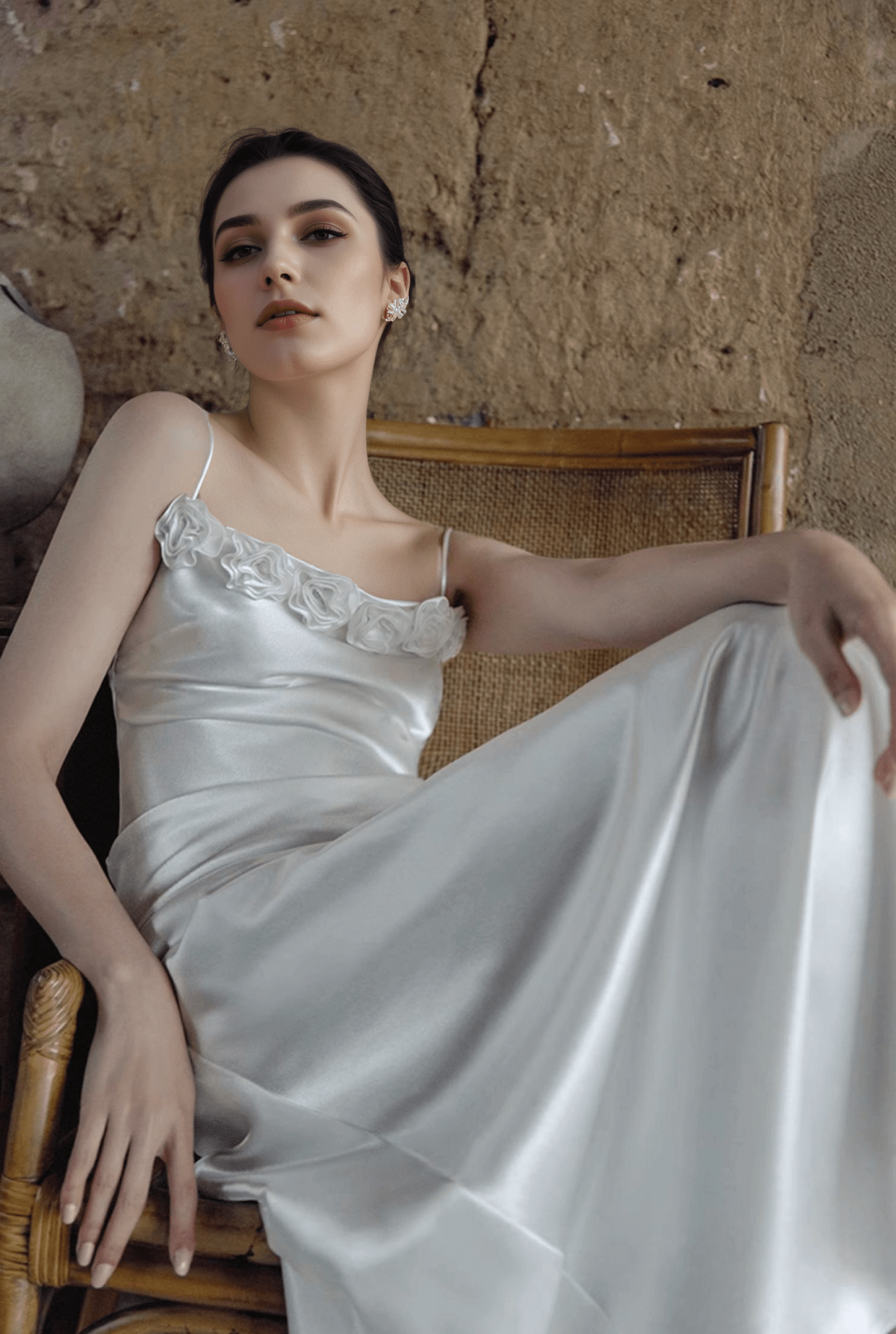 Vintage Rose-Trimmed Satin Slip Wedding Dress with Spaghetti Straps - Luzilly Bridal & Apparel