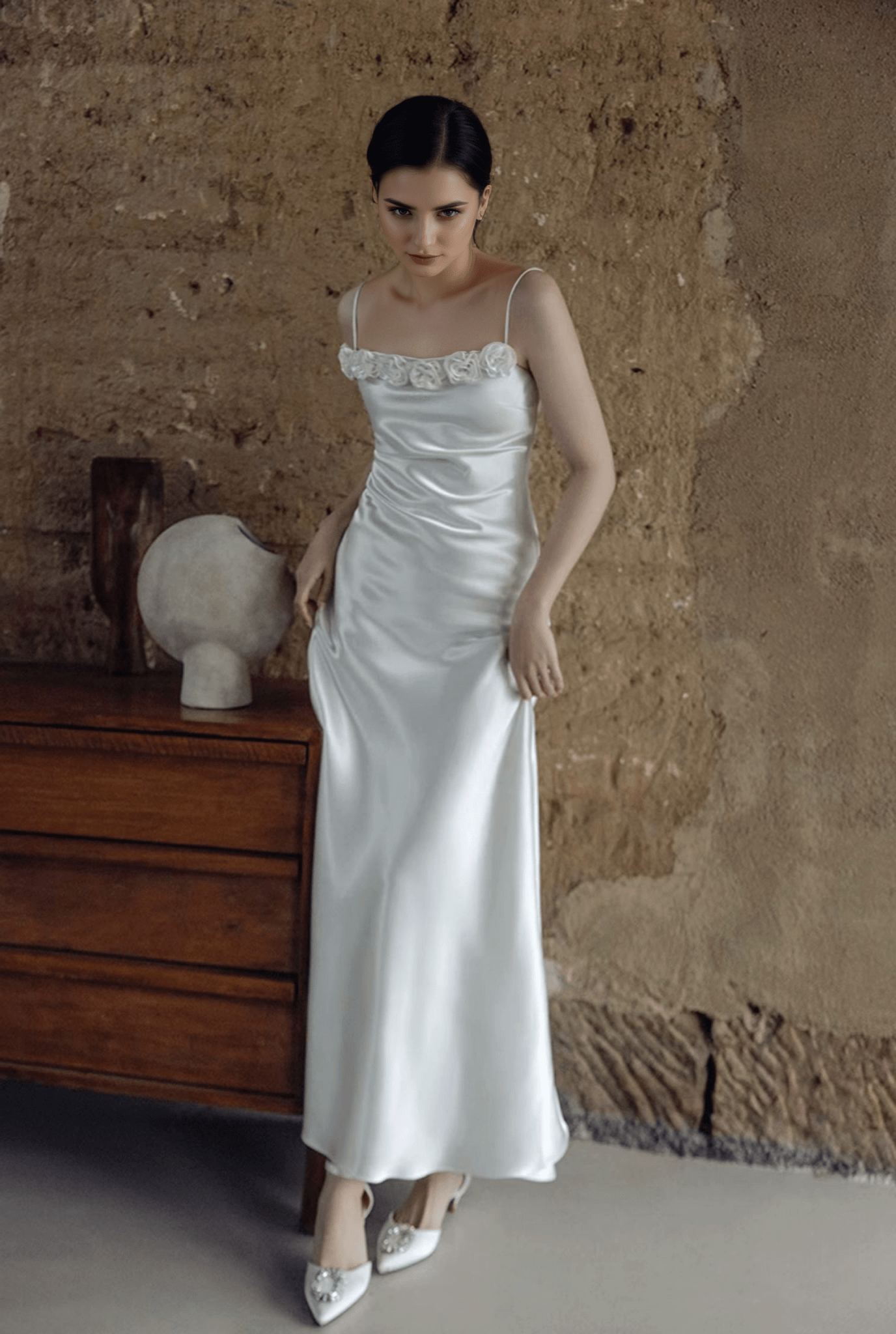 Vintage Rose-Trimmed Satin Slip Wedding Dress with Spaghetti Straps - Luzilly Bridal & Apparel
