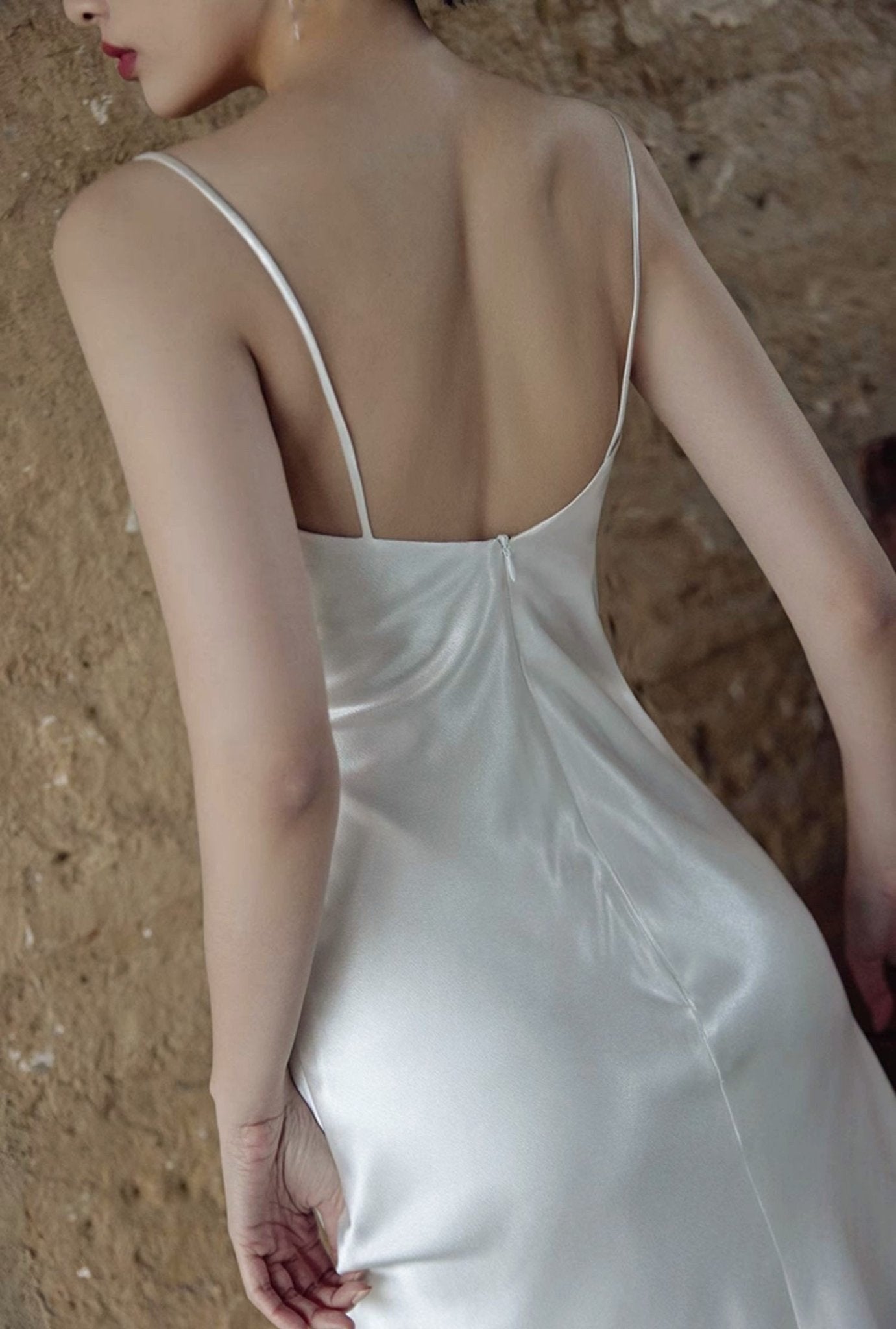 Vintage Rose-Trimmed Satin Slip Wedding Dress with Spaghetti Straps - Luzilly Bridal & Apparel
