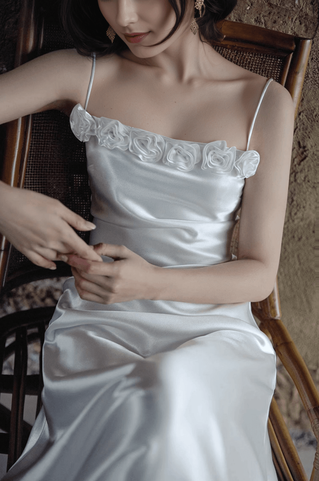 Vintage Rose-Trimmed Satin Slip Wedding Dress with Spaghetti Straps - Luzilly Bridal & Apparel