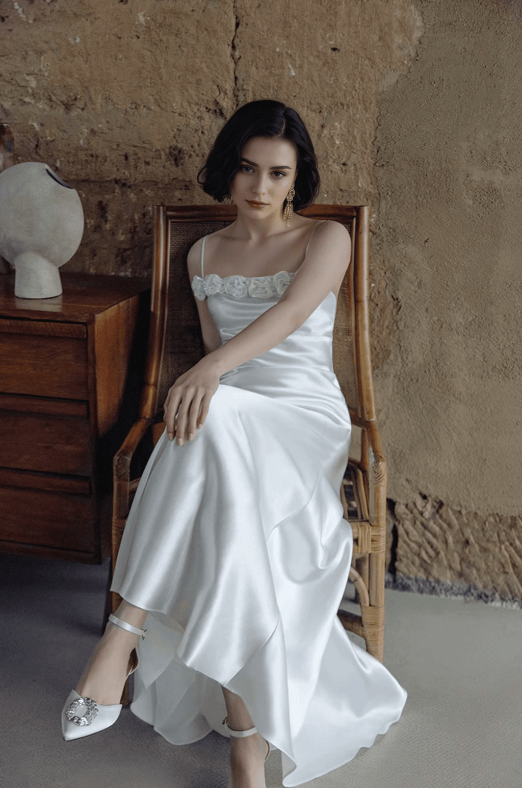 Vintage Rose-Trimmed Satin Slip Wedding Dress with Spaghetti Straps - Luzilly Bridal & Apparel
