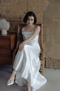 Vintage Rose-Trimmed Satin Slip Wedding Dress with Spaghetti Straps - Luzilly Bridal & Apparel