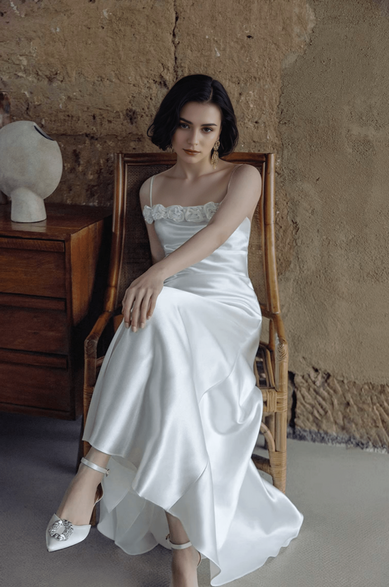 Vintage Rose-Trimmed Satin Slip Wedding Dress with Spaghetti Straps - Luzilly Bridal & Apparel