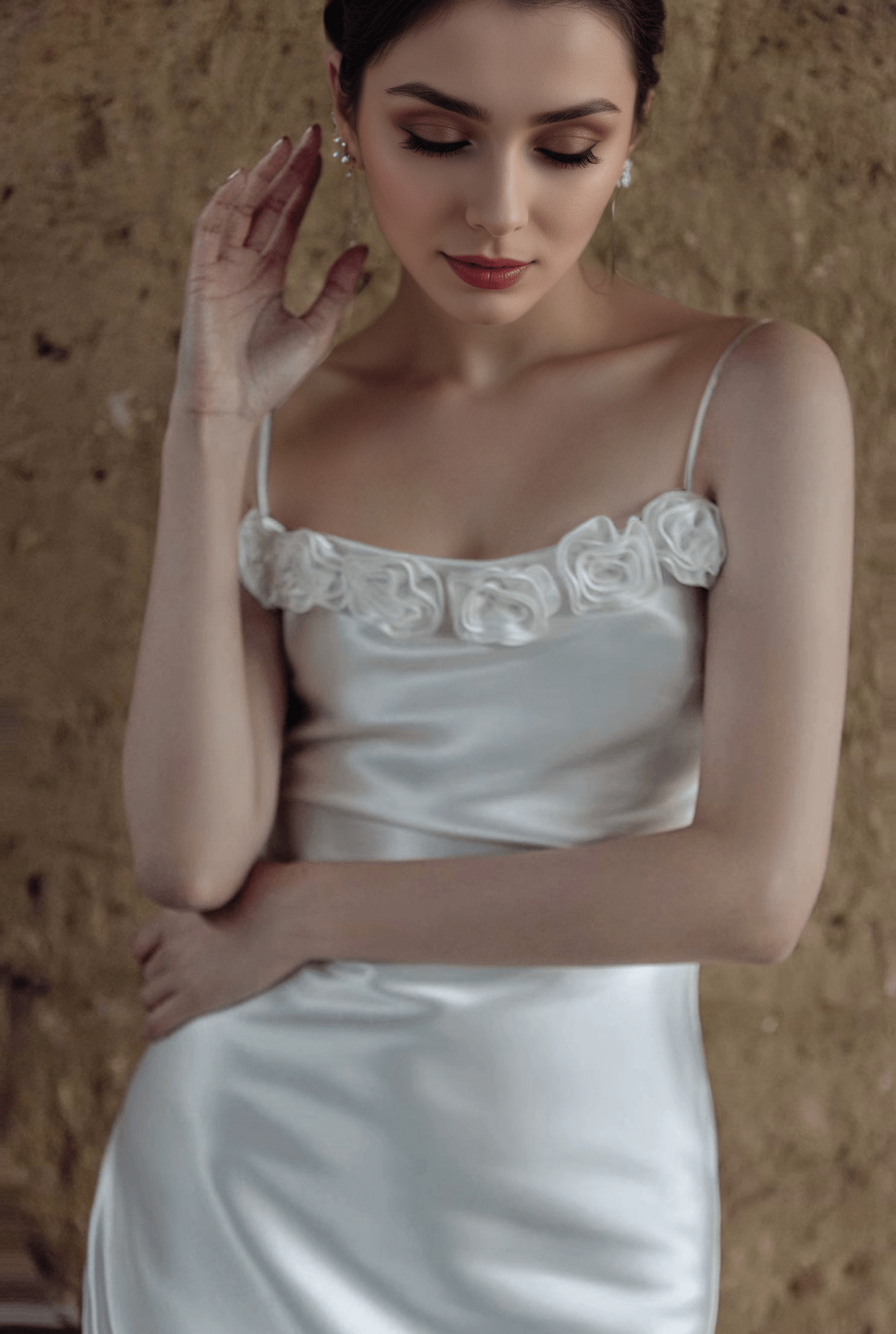 Vintage Rose-Trimmed Satin Slip Wedding Dress with Spaghetti Straps - Luzilly Bridal & Apparel