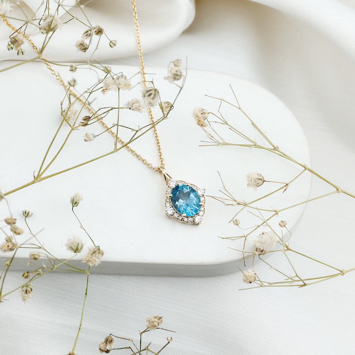 Vintage Style 2.5 Carat Swiss Blue Topaz and Diamond Necklace with Silver Chain - Luzilly Bridal & Apparel