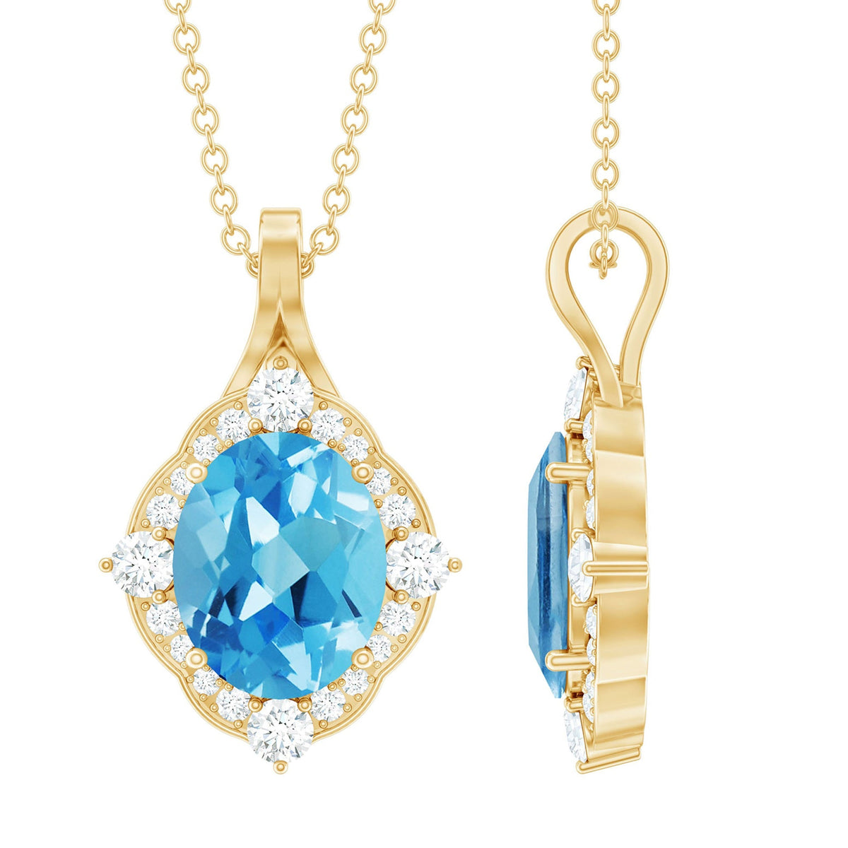 Vintage Style 2.5 Carat Swiss Blue Topaz and Diamond Necklace with Silver Chain - Luzilly Bridal & Apparel