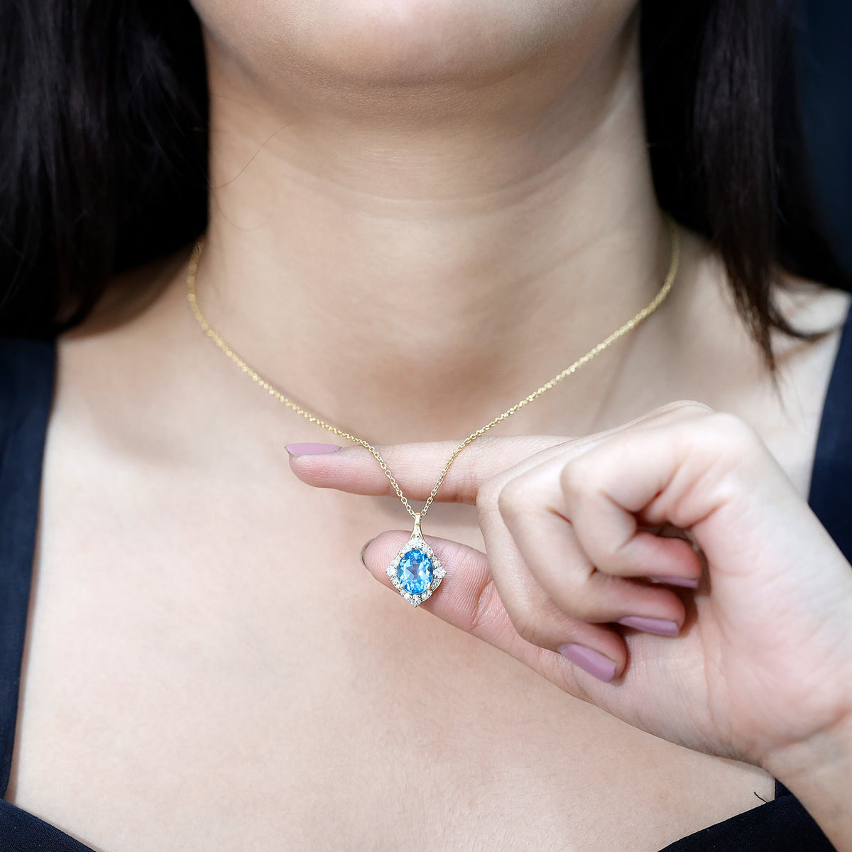 Vintage Style 2.5 Carat Swiss Blue Topaz and Diamond Necklace with Silver Chain - Luzilly Bridal & Apparel