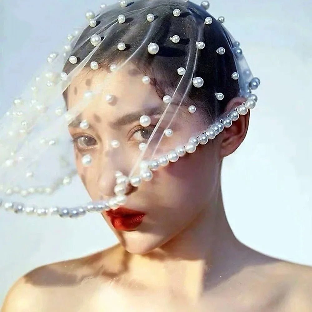 Vintage White Black Red Pearls Beads Brides Veil Headwear Solid Color Short Bride Head Gauze Tulle Wedding Veils Wedding - Luzilly Bridal & Apparel