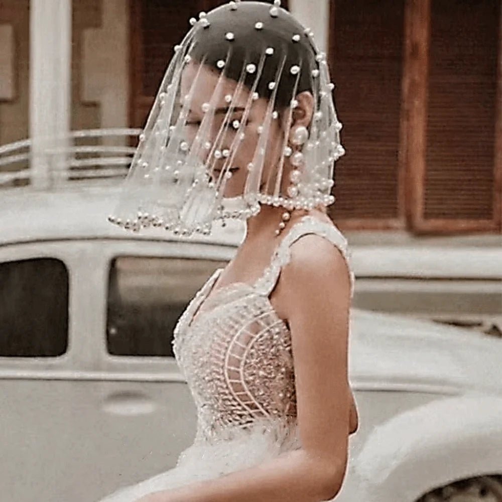 Vintage White Black Red Pearls Beads Brides Veil Headwear Solid Color Short Bride Head Gauze Tulle Wedding Veils Wedding - Luzilly Bridal & Apparel