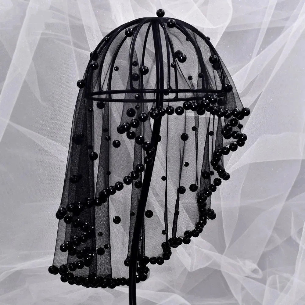 Vintage White Black Red Pearls Beads Brides Veil Headwear Solid Color Short Bride Head Gauze Tulle Wedding Veils Wedding - Luzilly Bridal & Apparel