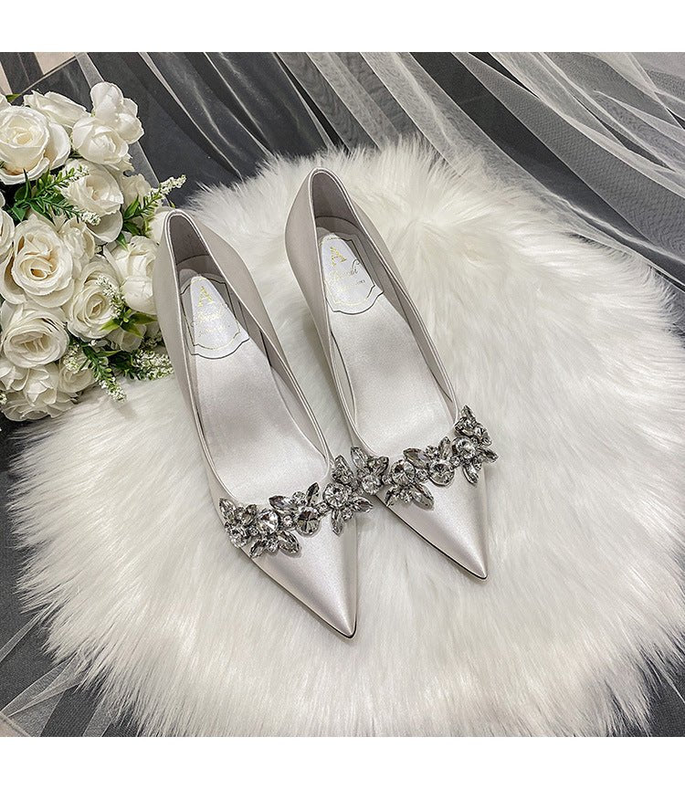 Wedding Crystal Bridal Shoes Champagne Silk Dress Bridesmaid Shoes White High Heels Slim Heels - Luzilly Bridal & Apparel