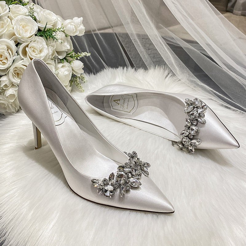 Wedding Crystal Bridal Shoes Champagne Silk Dress Bridesmaid Shoes White High Heels Slim Heels - Luzilly Bridal & Apparel