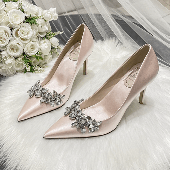 Wedding dress crystal bridal shoes champagne satin dress bridesmaid shoes white high heels stiletto - Luzilly Bridal & Apparel