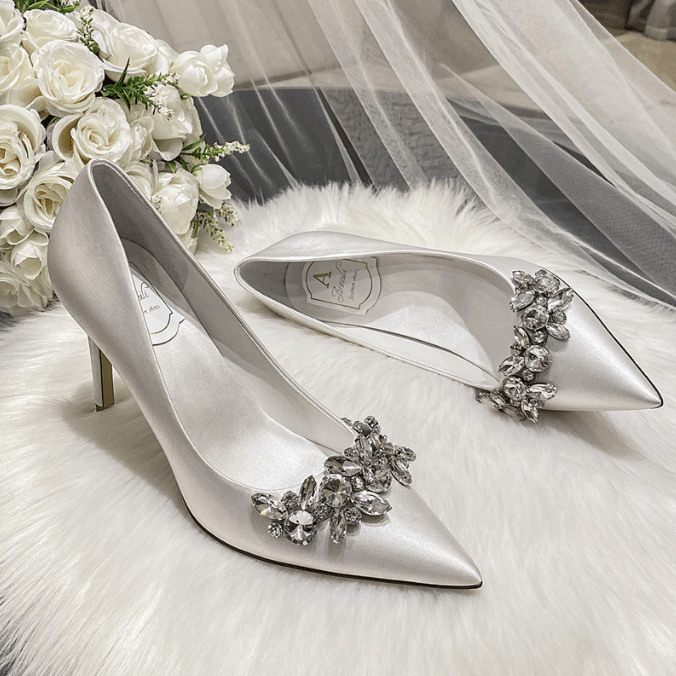 Wedding dress crystal bridal shoes champagne satin dress bridesmaid shoes white high heels stiletto - Luzilly Bridal & Apparel