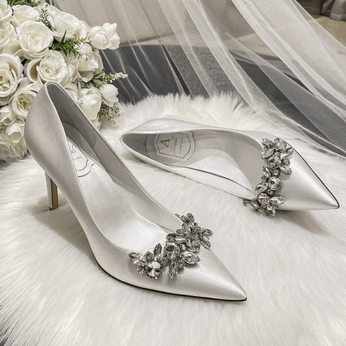Wedding dress crystal bridal shoes champagne satin dress bridesmaid shoes white high heels stiletto - Luzilly Bridal & Apparel
