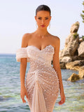Wedding Dress For Women Elegant Off Shoulder Short Sleeves Pearl Sequins Design Sparkling Maxi Long Gown - Luzilly Bridal & Apparel