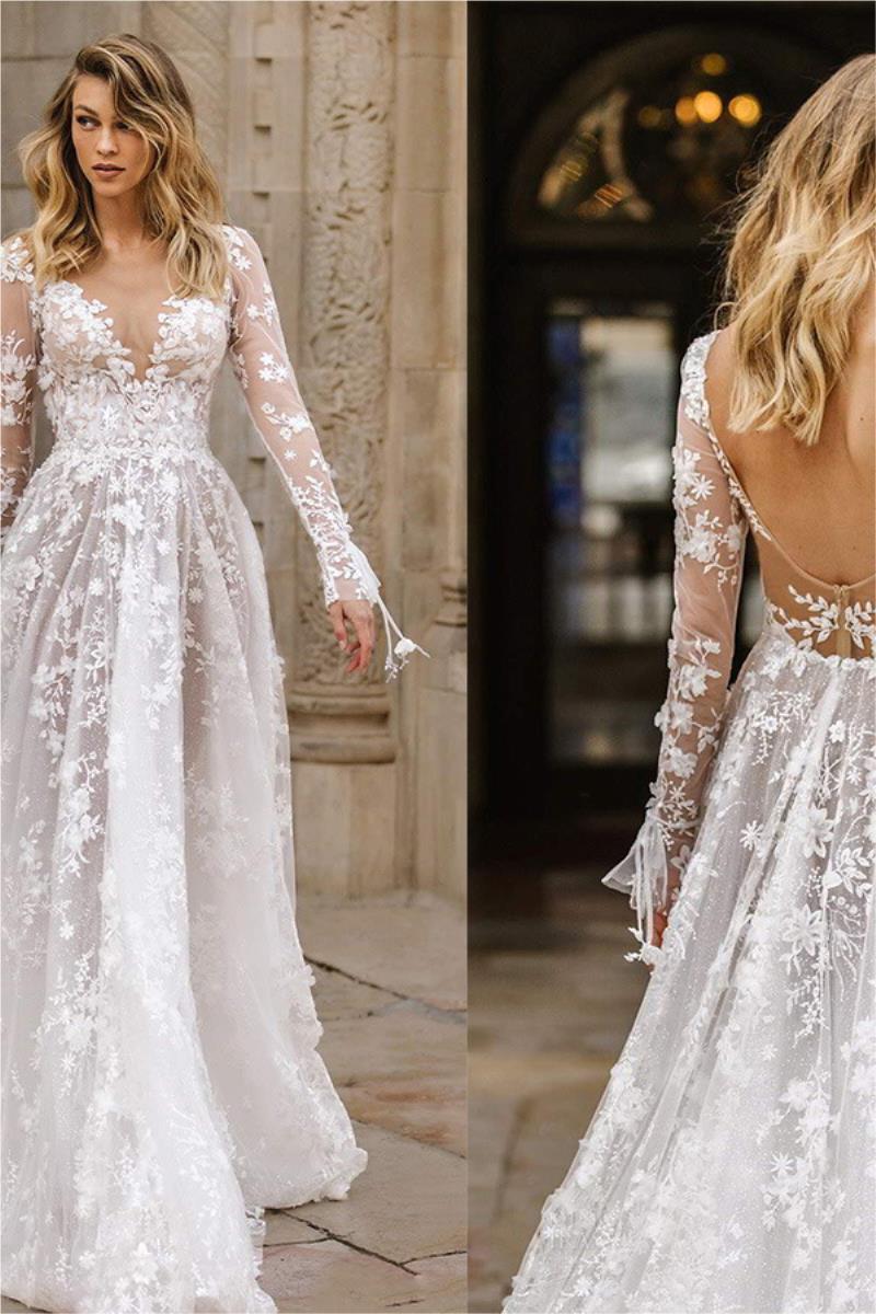 Wedding Dress Sexy Lace Long Sleeve Dress Evening Dress - Luzilly Bridal & Apparel