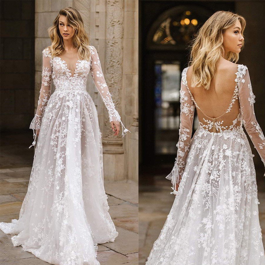 Wedding Dress Sexy Lace Long Sleeve Dress Evening Dress - Luzilly Bridal & Apparel