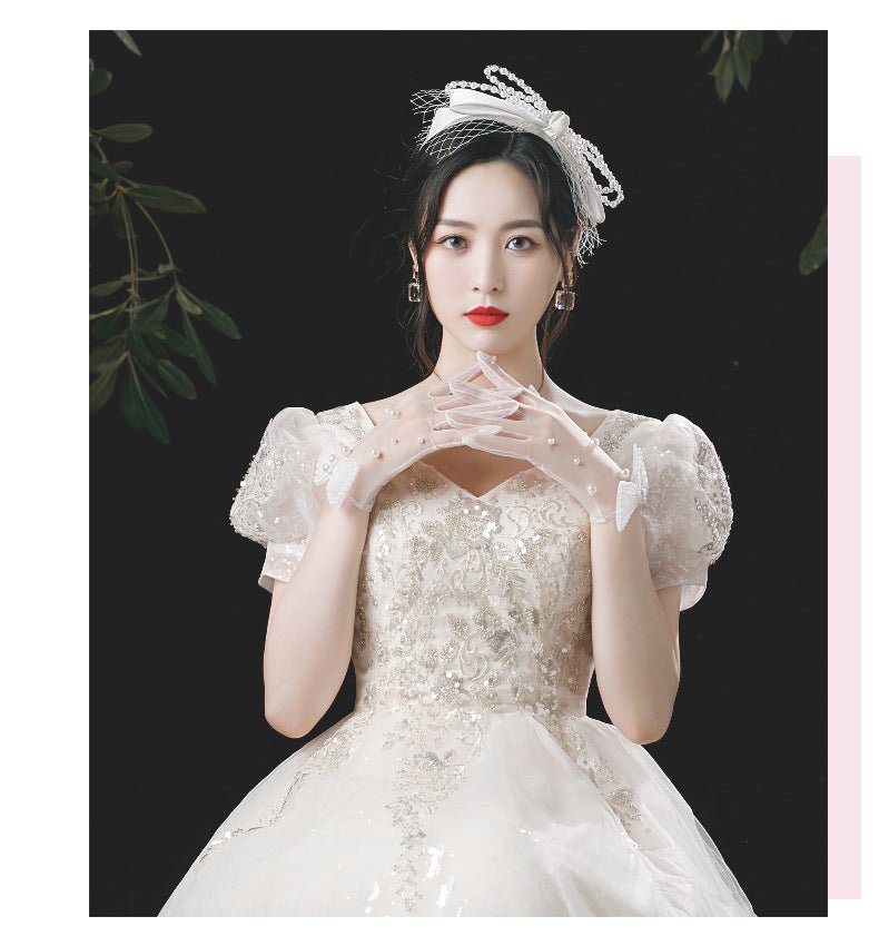 Wedding Gloves Bridal Handmade Pearl White Bow Gloves - Luzilly Bridal & Apparel