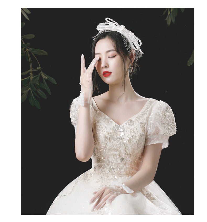 Wedding Gloves Bridal Handmade Pearl White Bow Gloves - Luzilly Bridal & Apparel