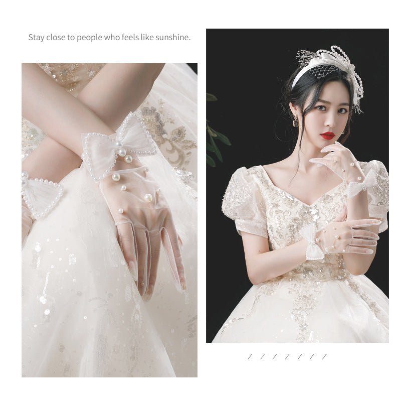 Wedding Gloves Bridal Handmade Pearl White Bow Gloves - Luzilly Bridal & Apparel