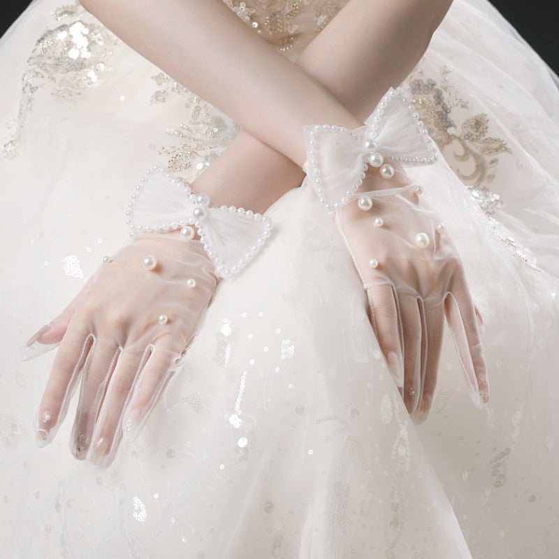 Handmade Pearl Mesh Gloves with Bow - Luzilly Bridal & Apparel