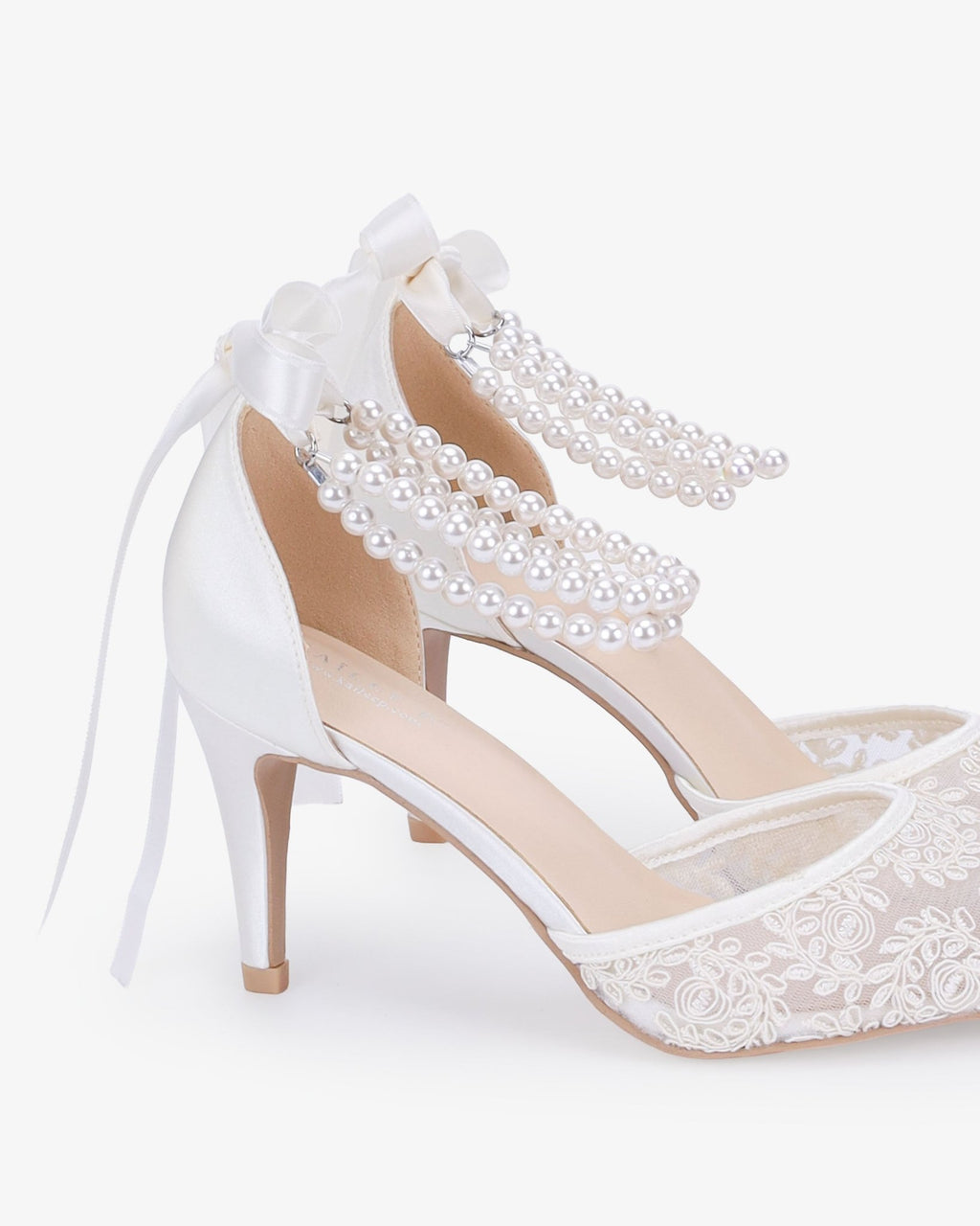 Wedding Lace Heels with Double Pearls Ankle Strap - Luzilly Bridal & Apparel