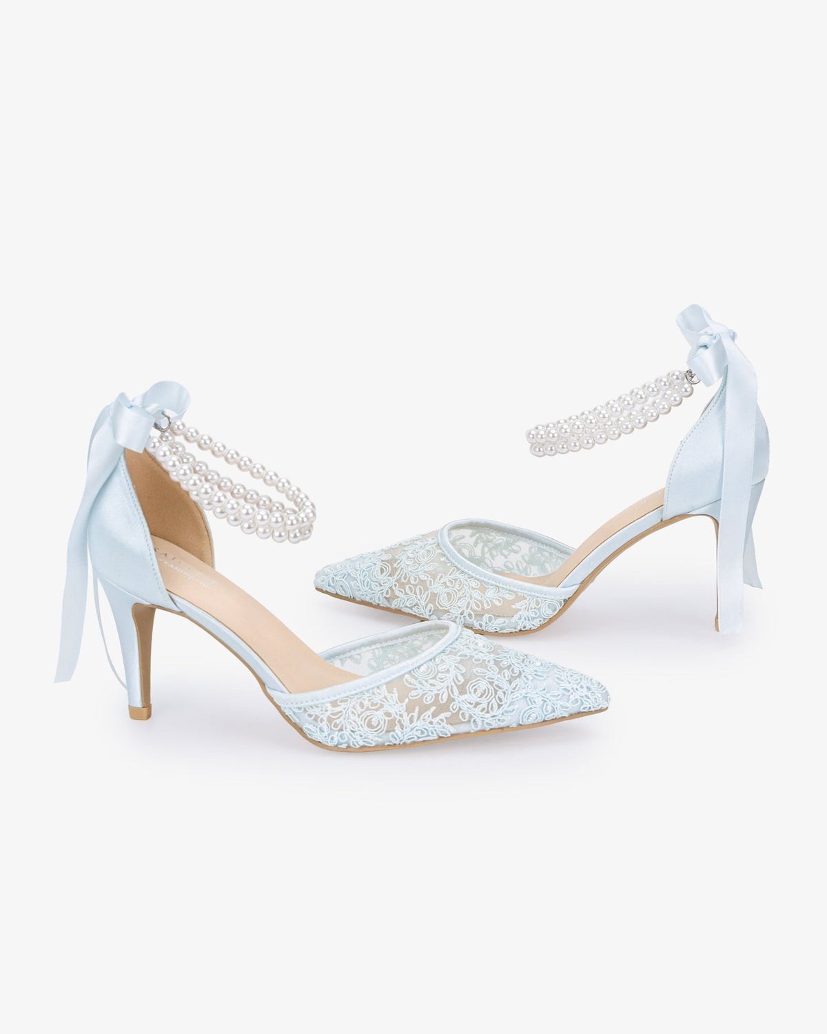Wedding Lace Heels with Double Pearls Ankle Strap - Luzilly Bridal & Apparel