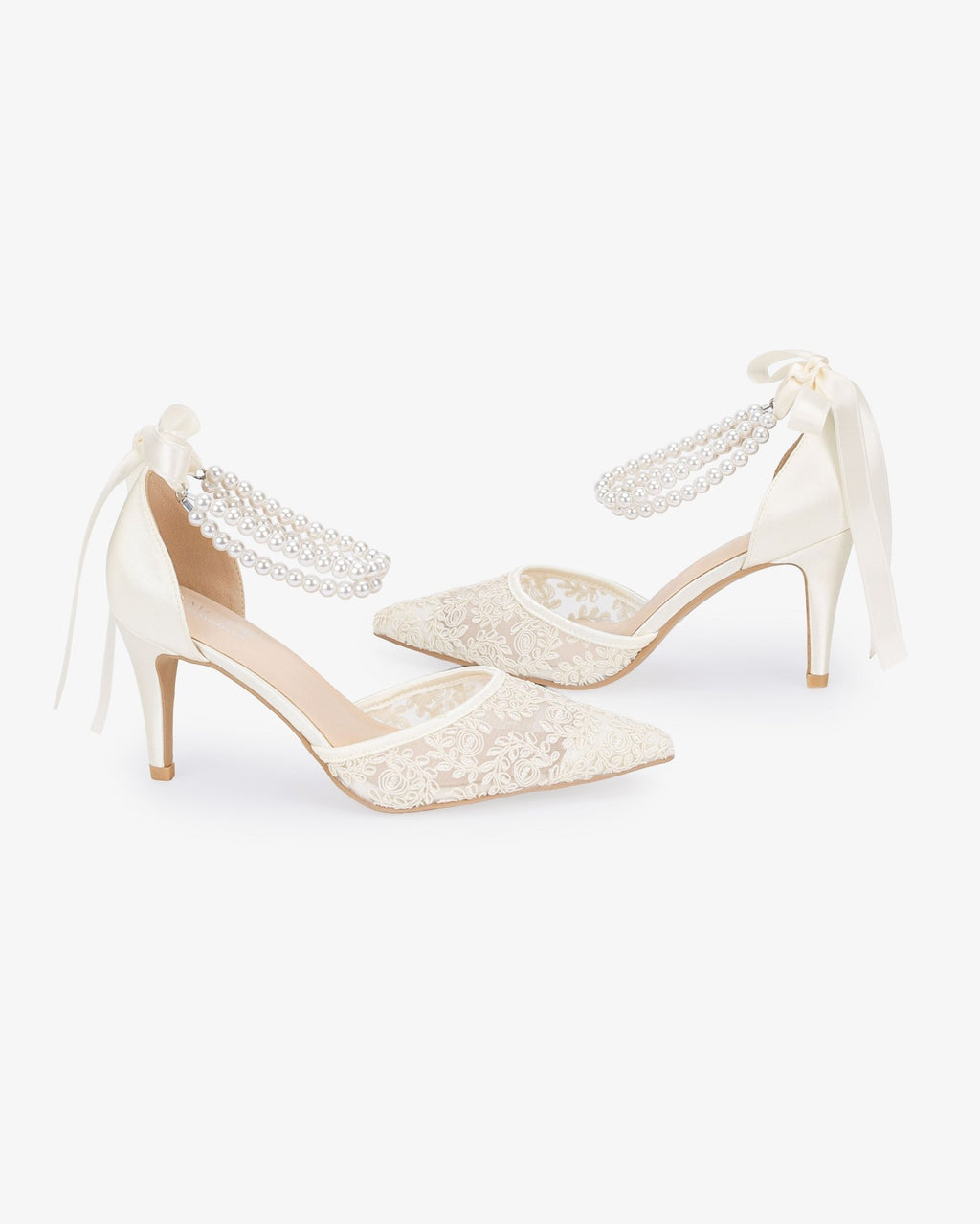 Wedding Lace Heels with Double Pearls Ankle Strap - Luzilly Bridal & Apparel