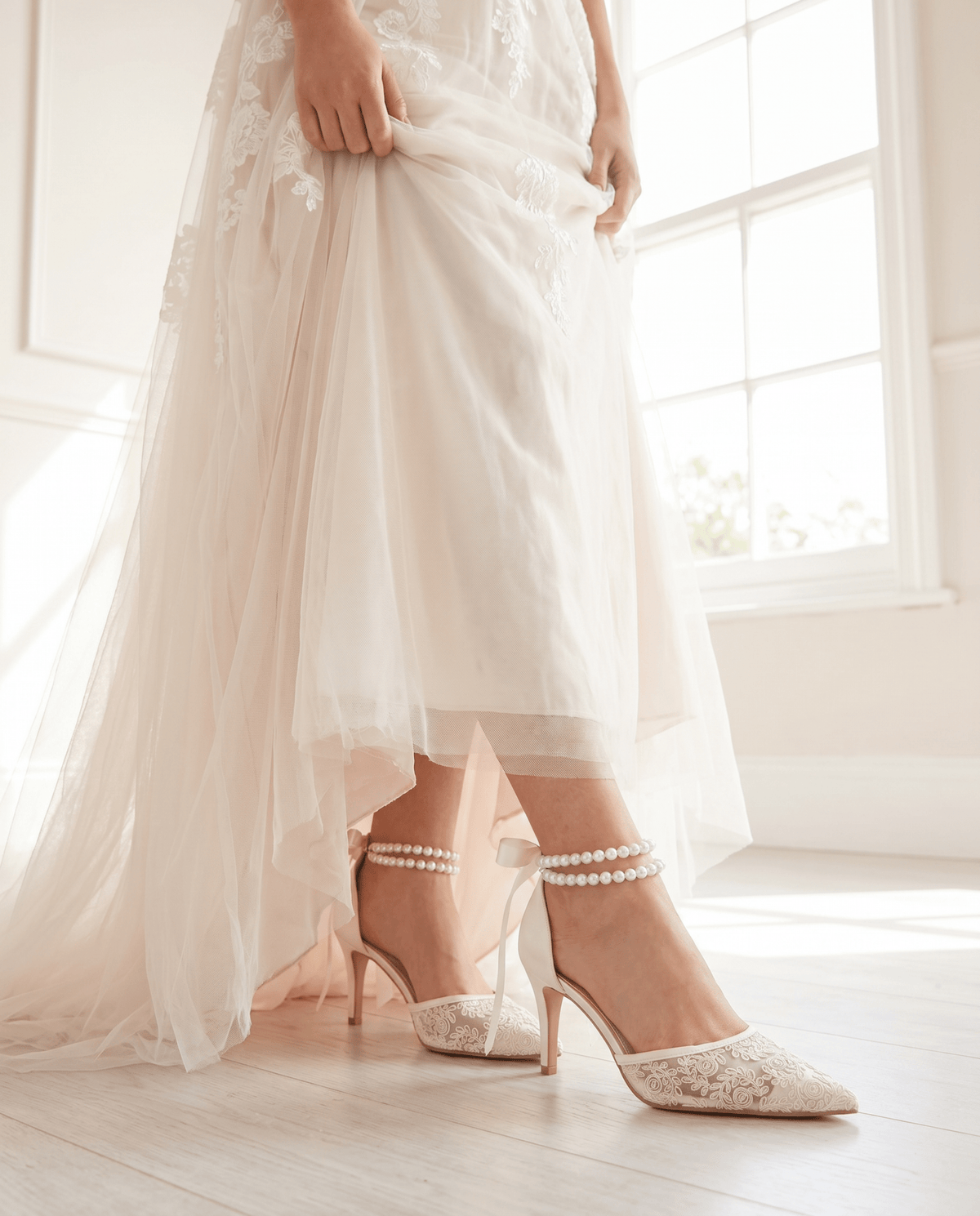 Wedding Lace Heels with Double Pearls Ankle Strap - Luzilly Bridal & Apparel