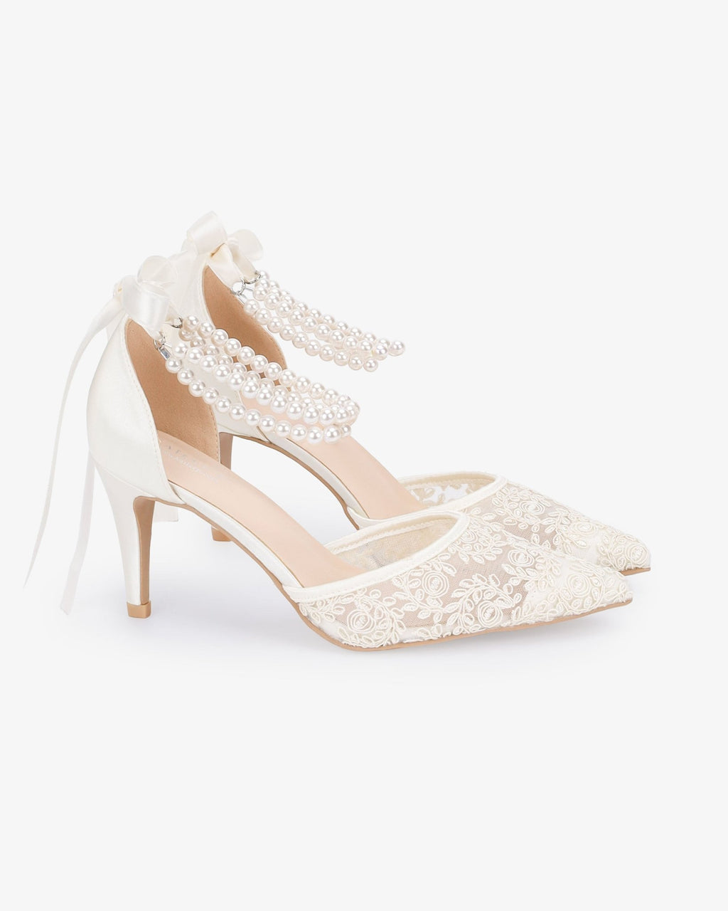 Wedding Lace Heels with Double Pearls Ankle Strap - Luzilly Bridal & Apparel