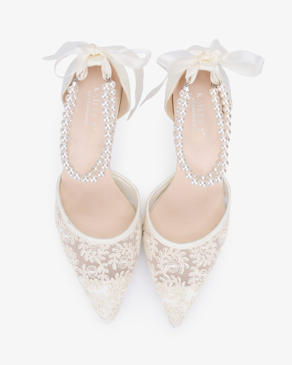 Wedding Lace Heels with Double Pearls Ankle Strap - Luzilly Bridal & Apparel