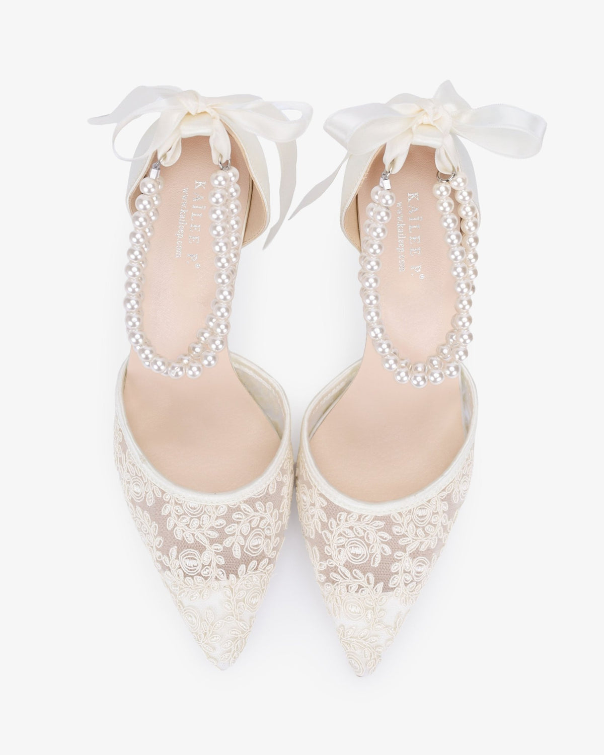 Wedding Lace Heels with Double Pearls Ankle Strap - Luzilly Bridal & Apparel