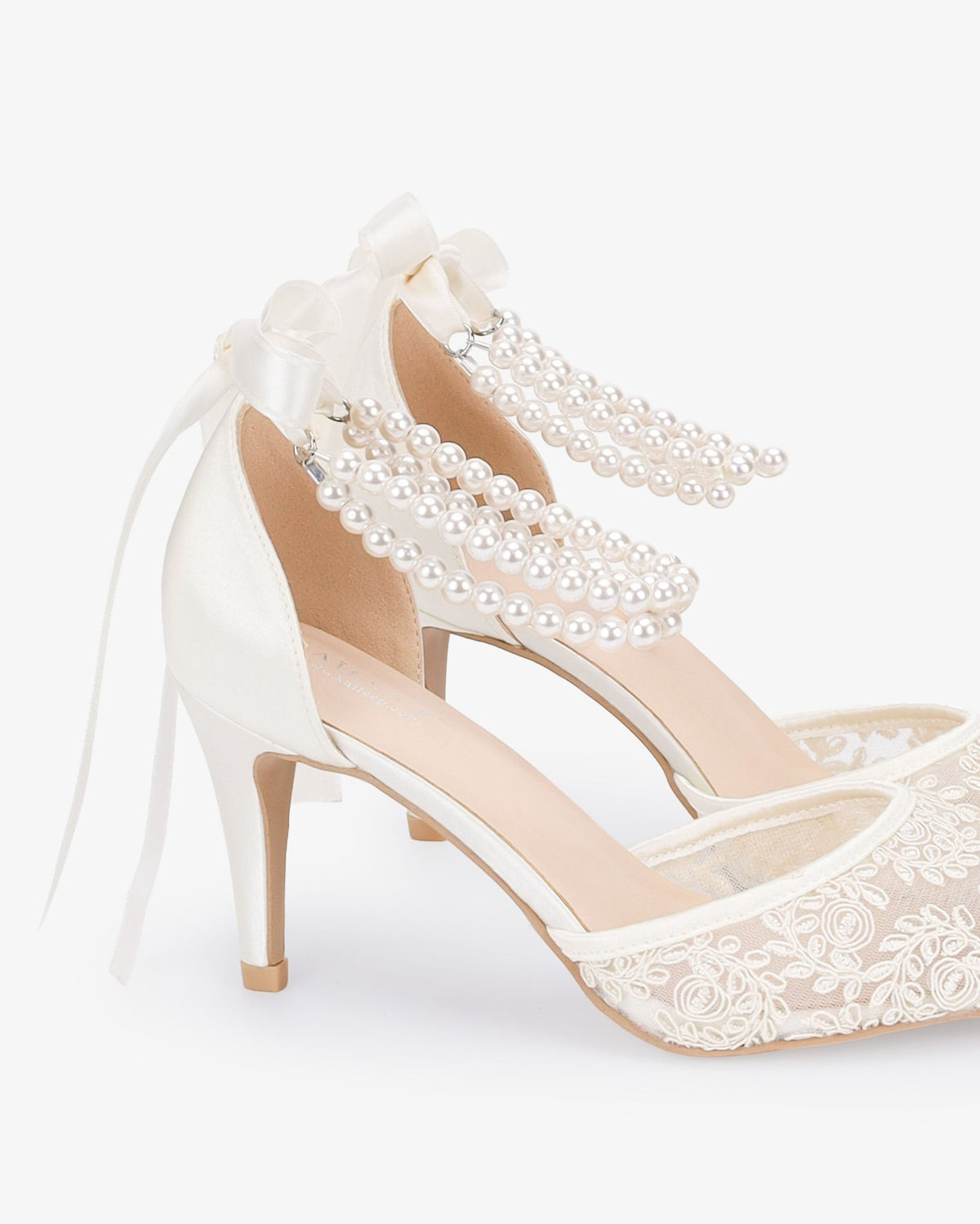 Wedding Lace Heels with Double Pearls Ankle Strap - Luzilly Bridal & Apparel