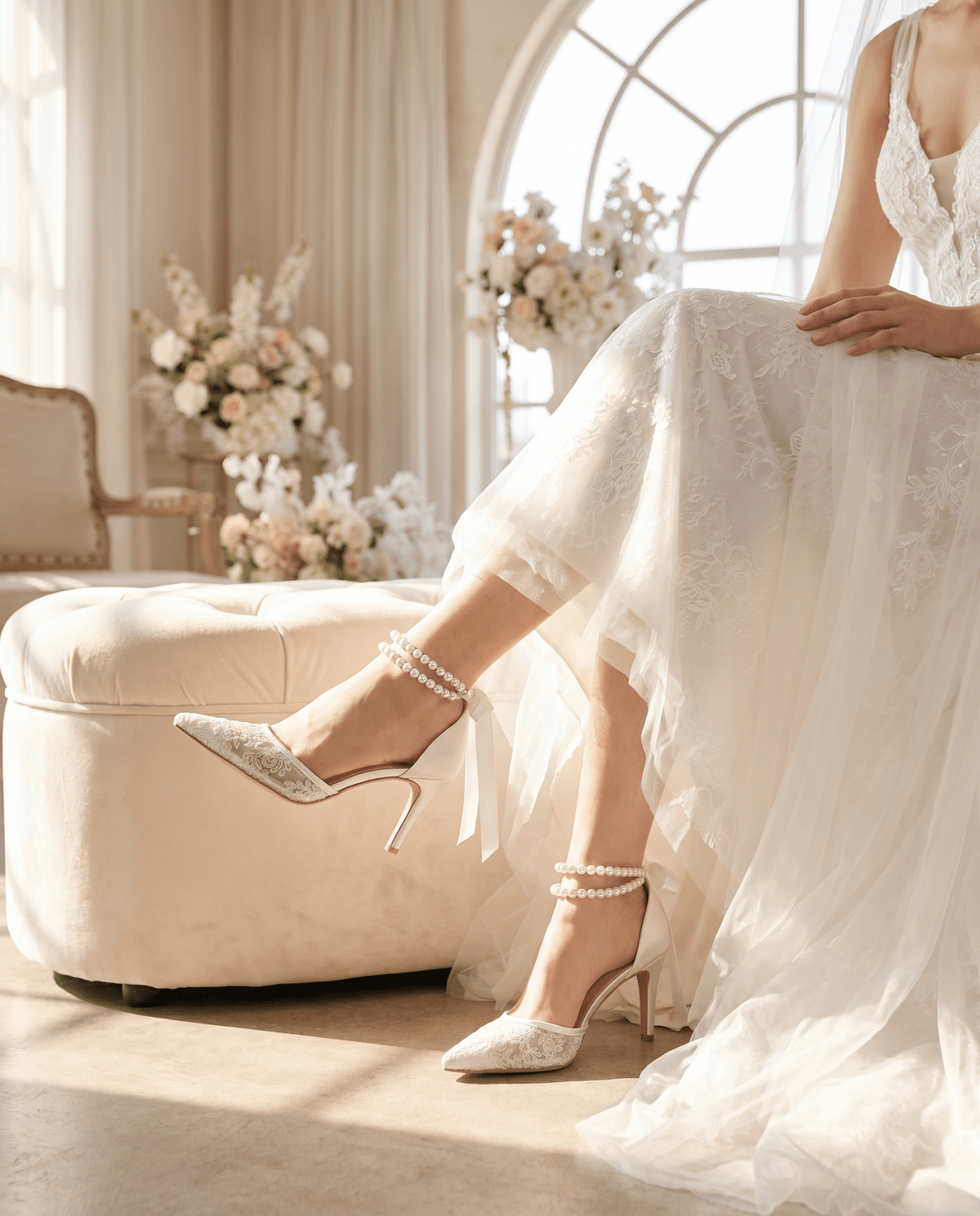 Wedding Lace Heels with Double Pearls Ankle Strap - Luzilly Bridal & Apparel