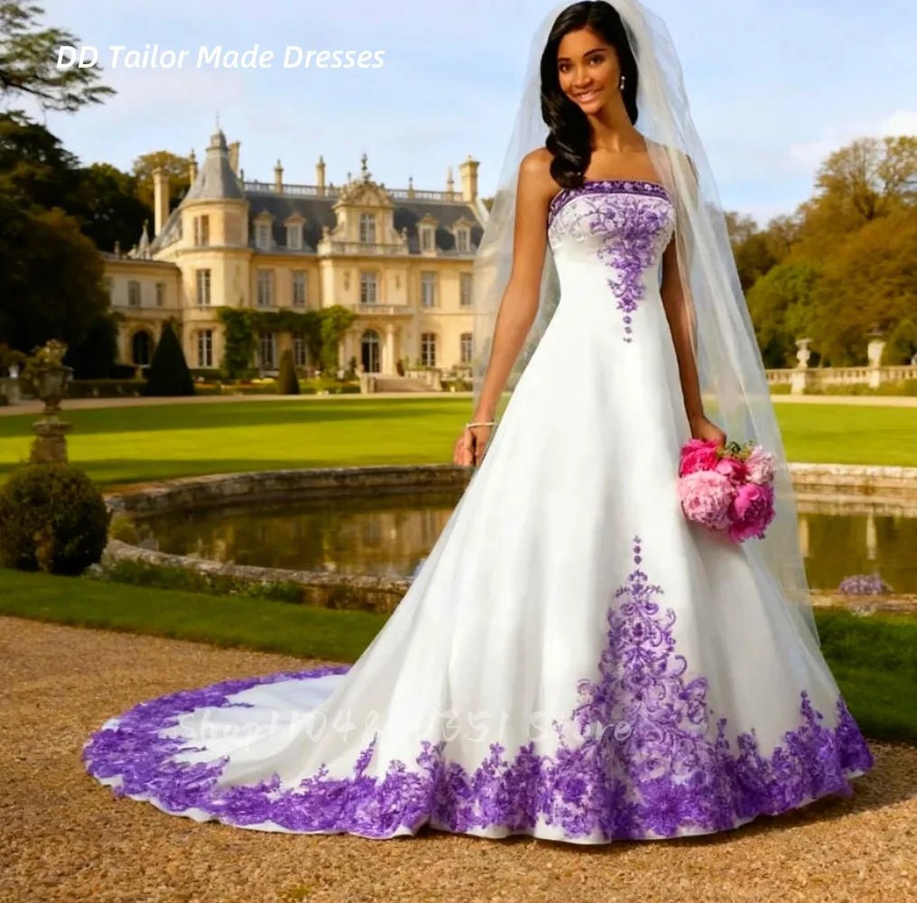 White And Purple A-Line Wedding Dress Lace Appliques Strapless Long Elegant Chic Satin Bridal Gowns Customized Vestidos De Novia - Luzilly Bridal & Apparel