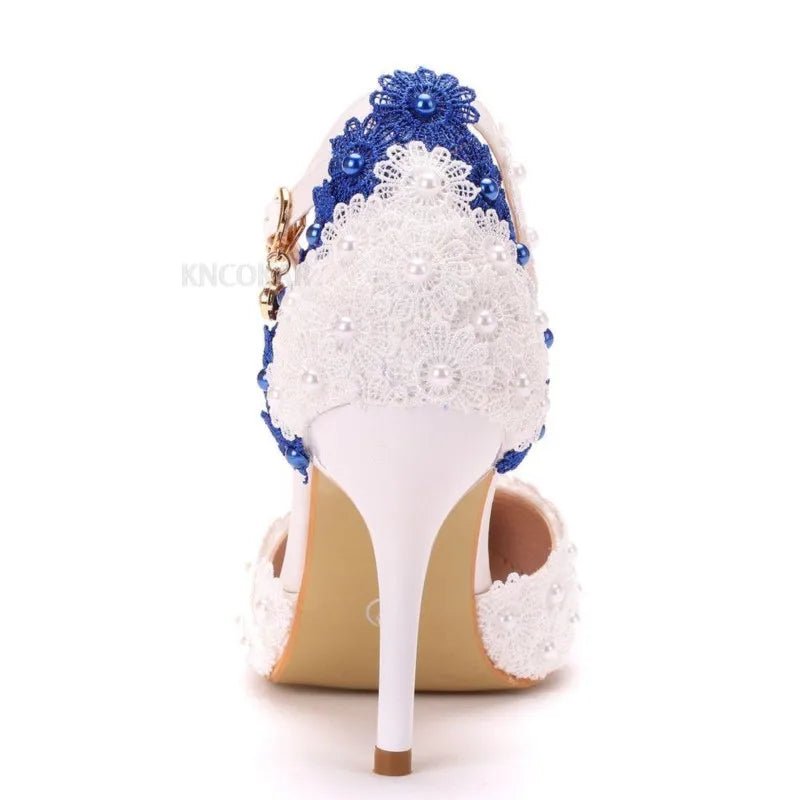 White & Blue Lace Pearl Bridal Pumps - Luzilly Bridal & Apparel