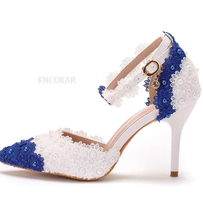 White & Blue Lace Pearl Bridal Pumps - Luzilly Bridal & Apparel