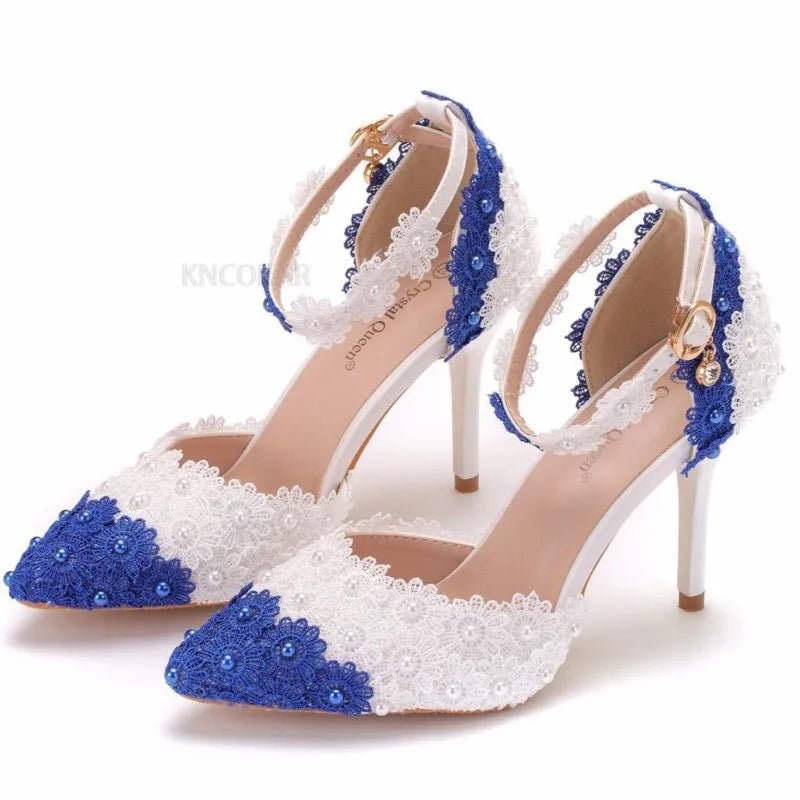 White & Blue Lace Pearl Bridal Pumps - Luzilly Bridal & Apparel