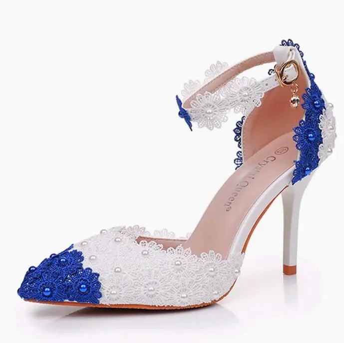 White & Blue Lace Pearl Bridal Pumps - Luzilly Bridal & Apparel