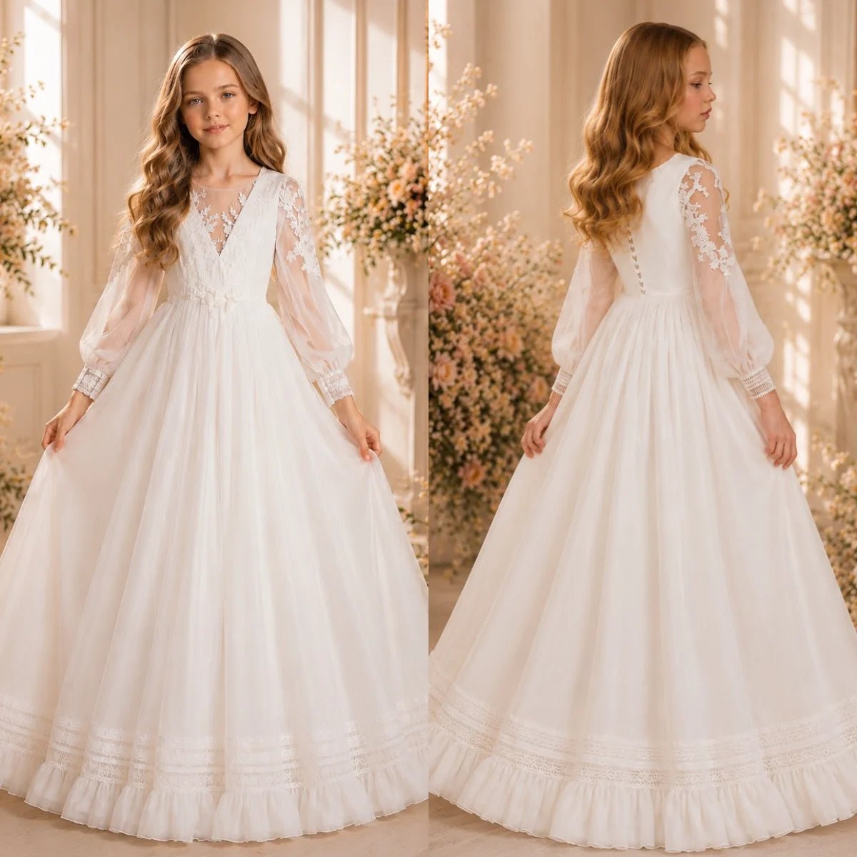 White Boho Tulle Long-Sleeve Flower Girl Dress - Luzilly Bridal & Apparel