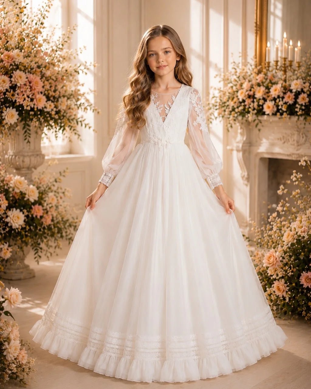 White Boho Tulle Long-Sleeve Flower Girl Dress - Luzilly Bridal & Apparel