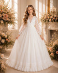 White Boho Tulle Long-Sleeve Flower Girl Dress - Luzilly Bridal & Apparel