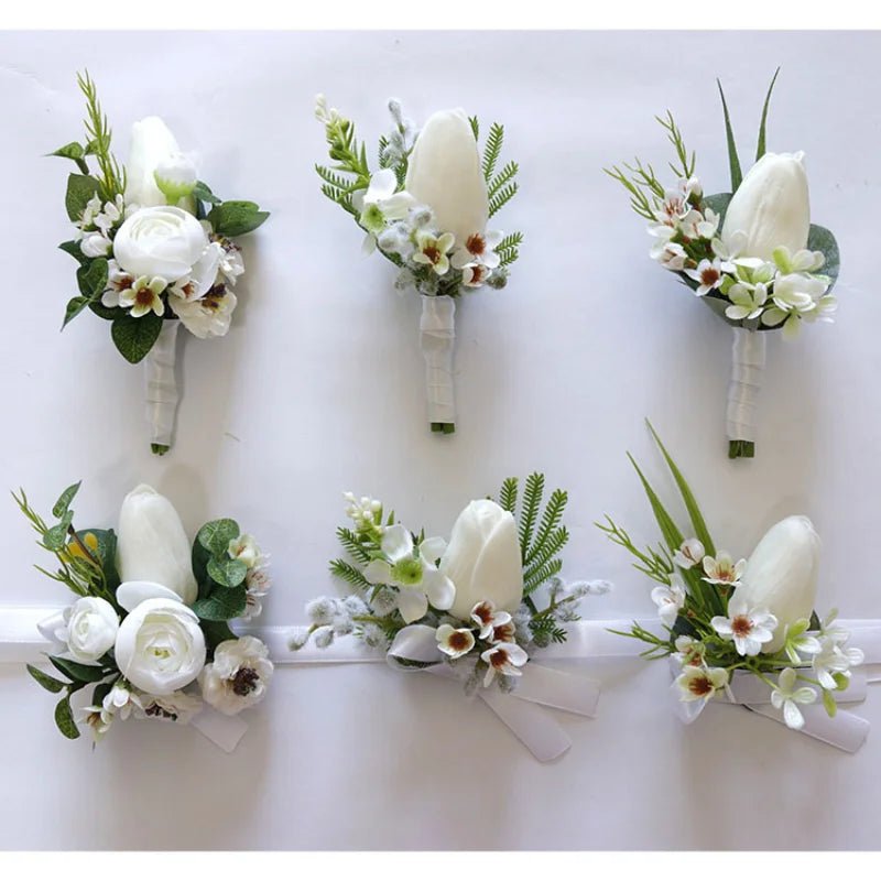 White Boutonniere Wrist Corsage Bridesmaid Wedding Decor Bride Flowers accessoires de mariage - Luzilly Bridal & Apparel