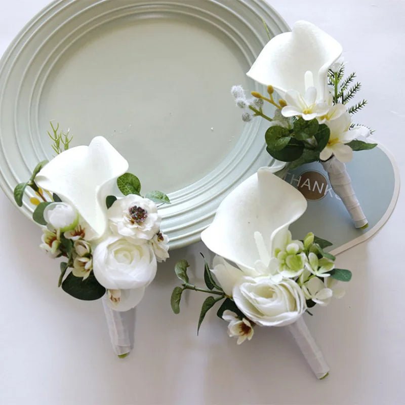 White Boutonniere Wrist Corsage Bridesmaid Wedding Decor Bride Flowers accessoires de mariage - Luzilly Bridal & Apparel